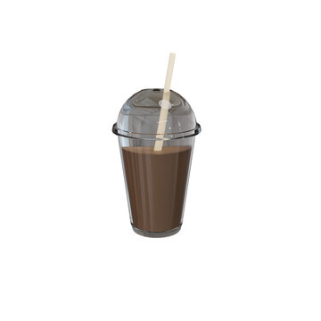 Ice coffee on plastic cup with a cup holder, isolated on transparent background. 3D render PNG illustration. Transparent plastic cup