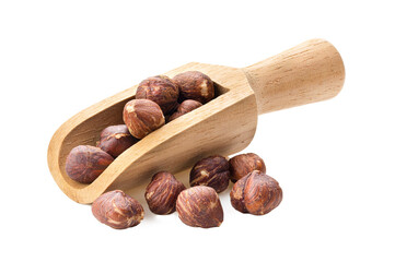 hazelnuts in wood scoop  on transparent png