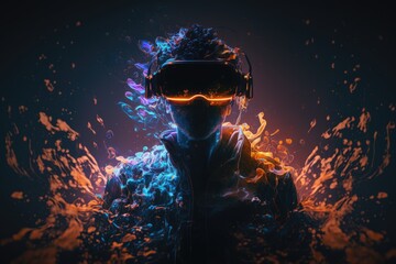Man in virtual reality goggles on dark background. Future technology concept