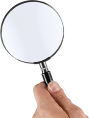 Person's hand holding a magnifying glass