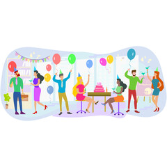 Happy people having fun at office party. 
Excited office girls and guys celebrating success together.
Corporate party, team building activity, corporate event idea concept.
