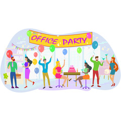 Happy people having fun at office party. 
Excited office girls and guys celebrating success together.
Corporate party, team building activity, corporate event idea concept.
