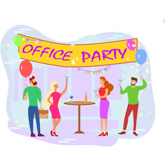 Happy people having fun at office party. 
Excited office girls and guys celebrating success together.
Corporate party, team building activity, corporate event idea concept.
