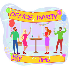 Happy people having fun at office party. 
Excited office girls and guys celebrating success together.
Corporate party, team building activity, corporate event idea concept.
