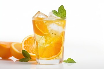Summer drinks with ice and soda orange close up