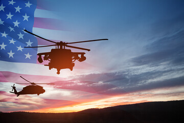 Silhouettes of helicopters on background of sunset with a transparent American flag. Greeting card...