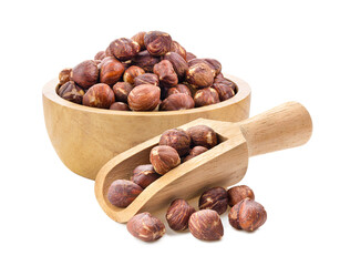 hazelnuts in wood bowl and scoop on transparent png