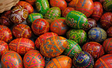Beautiful colorful decor for Easter. Traditional Easter painted colorful eggs. Selective focus.