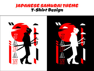 Urban samurai with tree. Silhouette japan samurai vector for design t-shirt concept. Samurai with red moon. Samurai Vector Illustration. streetwear theme tshirt. 