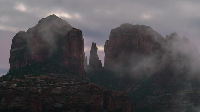 Time lapse of morning fog on Cathedral Rock in Sedona, Arizona, USA