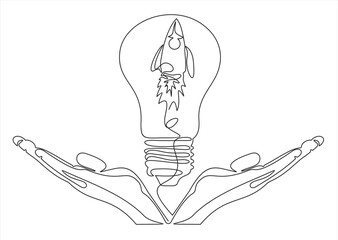 Hands holding a  Rocket launching to space with light bulb, launching a creative idea, a scientific invention or a research light bulb, starting a new business.