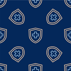 Fototapeta premium Line Life insurance with shield icon isolated seamless pattern on blue background. Security, safety, protection, protect concept. Vector