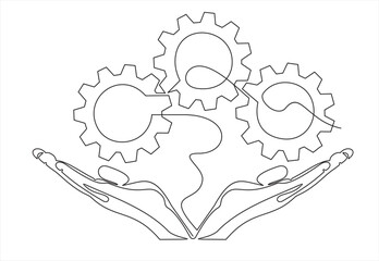 continuous one single line drawing of hand holding gears, tech development, engineering, technology