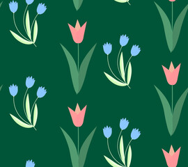 spring flowers blooming seamless vector pattern on green background