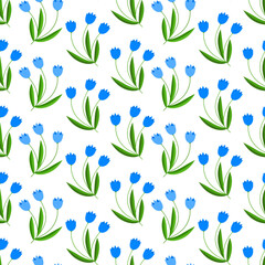 blue tulip flower field seamless vector pattern, flat style floral spring  print design