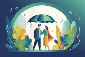 People standing under umbrellas, insurance concept.
