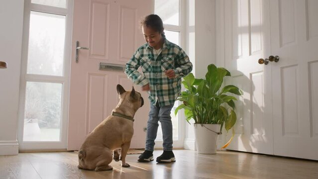 Multiracial boy with Down syndrome doing tricks with dog