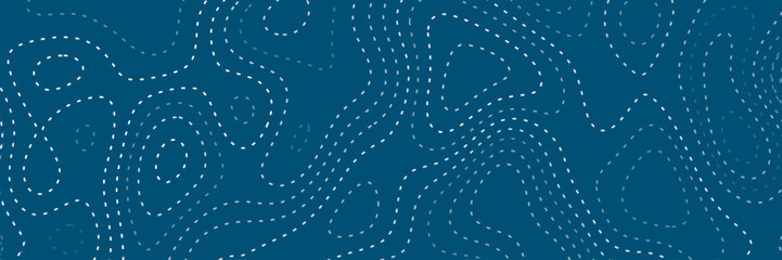 White dots contour lines isolated on dark blue background in panorama view.