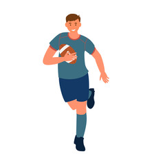 Teenage boy playing rugby vector illustration. Young man running with  rugby ball.
