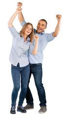 Fototapeta premium Portrait of young happy couple standing with hands up, isolated on white background
