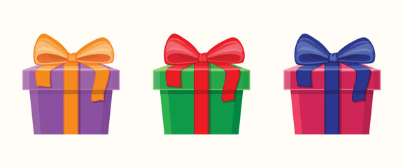 Decorative gift box with ribbon bow, vector icon collection isolated on white background.