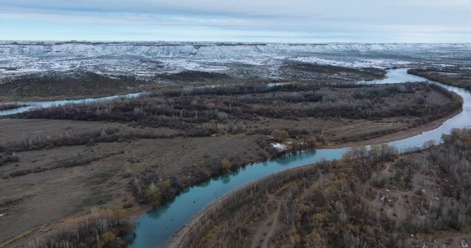 Historic snowfall aerial view in Alto Valle, Rio Negro, Argentina