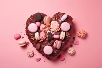 Top view of Pink heart shaped cake with chocolate glaze meringues and macaroons on top as decoration. 
