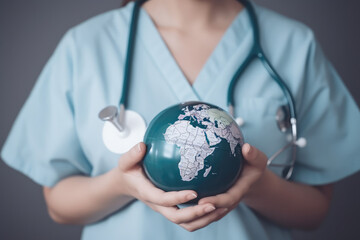 A physician holds a model of the globe.