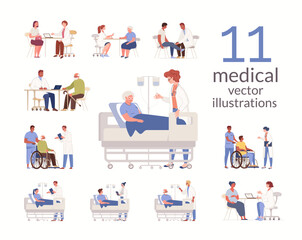 Set of doctors and patients. Medical examination, consultation, diagnostics by narrow specialists. Concept of healthcare and medicine. Clinic, hospital services. Vector flat cartoon illustration.
