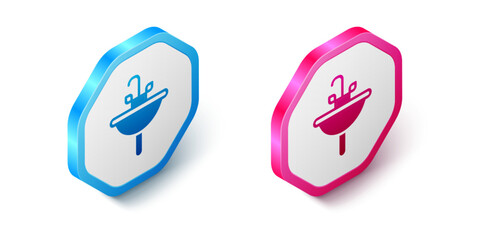 Isometric Washbasin with water tap icon isolated on white background. Hexagon button. Vector