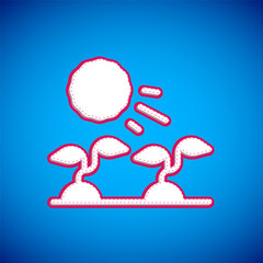 White Plant sprouts grow in the sun icon isolated on blue background. Seedling concept. Vector