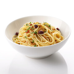 plate of spaghetti in a bow isolated on white background