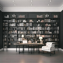 Sleek and Sophisticated: A Contemporary Bookshelf with an Elegant Design, Showcasing a Photorealistic Backdrop of a Study Filled with Books