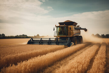 Fototapeta na wymiar Combine harvester collecting wheat in field. ai generative