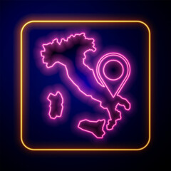 Glowing neon Map of Italy icon isolated on black background. Vector