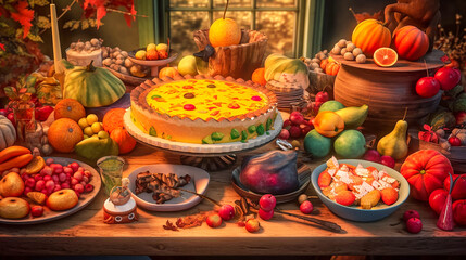 A Thanksgiving Dinner Table Setting and Delicious Food Feast, A Bounty of Seasonal Fruits and Pies. Generative AI.