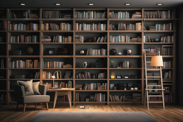 Sleek and Sophisticated: A Contemporary Bookshelf with an Elegant Design, Showcasing a Photorealistic Backdrop of a Study Filled with Books