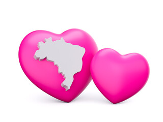 3d Shiny Pink Hearts With 3d White Map Of Brazil Isolated On White Background, 3d illustration