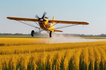 an airplane flies over a wheat field and sprays liquid from pests. ai generative