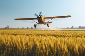 Fototapeta na wymiar an airplane flies over a wheat field and sprays liquid from pests. ai generative