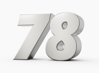 Silver 3d numbers 78 Seventy Eight. Isolated white background 3d illustration