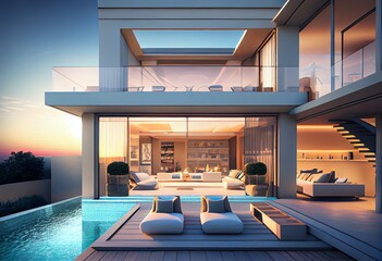 Stunning luxury penthouse terrace with a swimming pool. Generative AI - obrazy, fototapety, plakaty