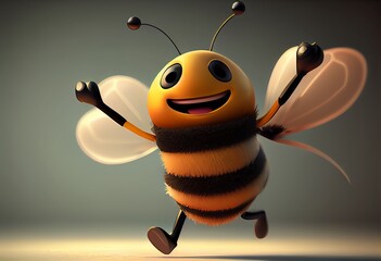 A happy cartoon bee with arms and legs in the air. Generative AI - obrazy, fototapety, plakaty