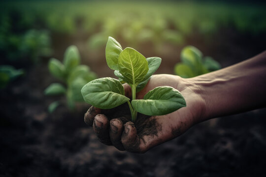 green tobacco seedlings in the hands of an agronomist in a field in northern Thailand. ai generative