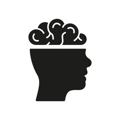 Knowledge, Memory, Mind, Intelligence Glyph Icon. Human Brain Silhouette Pictogram. Medical Neurology, Psychology Solid Sign. Human Head Anatomy. Isolated Vector Illustration