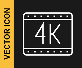 White line 4k movie, tape, frame icon isolated on black background. Vector