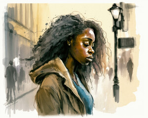 A black woman walking down an empty street her head cast down and her shoulders slumped her thoughts clearly full of despondency.. AI generation
