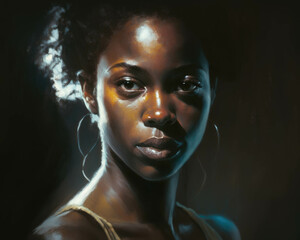 A aceful black woman model her face illuminated by the spotlight her eyes focused on soing far away.. AI generation