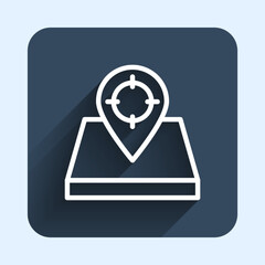 White line Hunt place icon isolated with long shadow background. Navigation, pointer, location, map, gps, direction, place, compass, contact, search. Blue square button. Vector