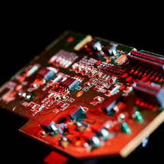 Close up of printed circuit board under red lighting